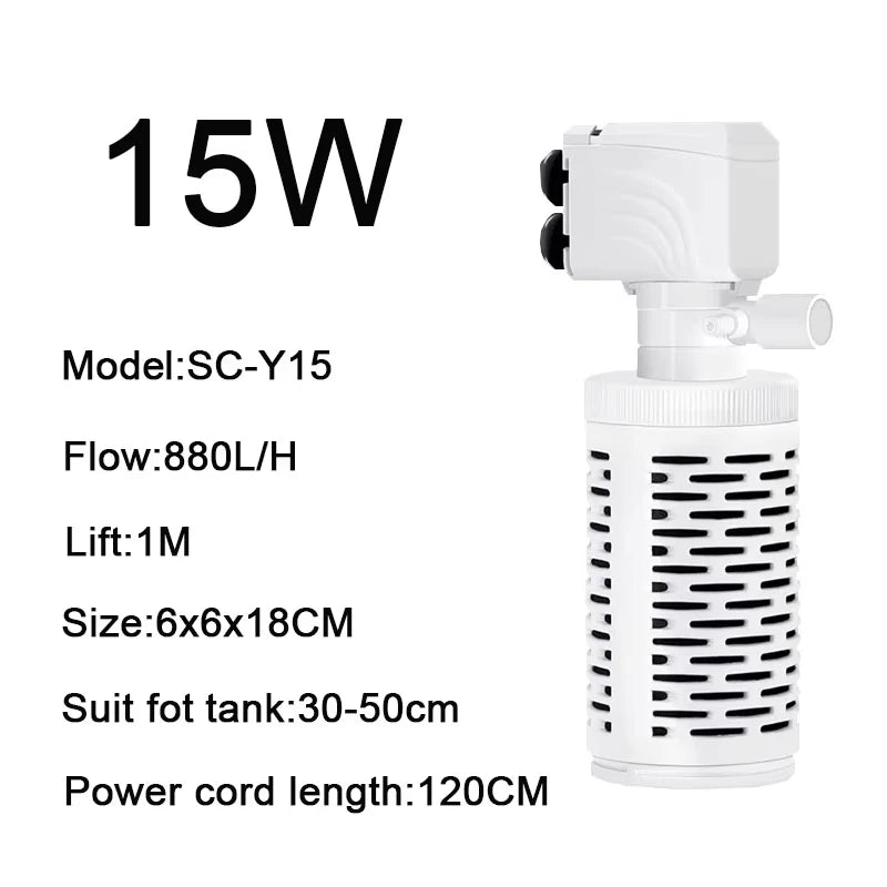 White submersible aquarium filter pump with a power cord and tank