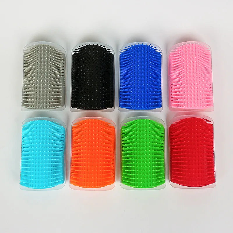 A set of eight silicone massage brushes in various colors including gray, black, blue, pink, cyan, orange, green, and red.