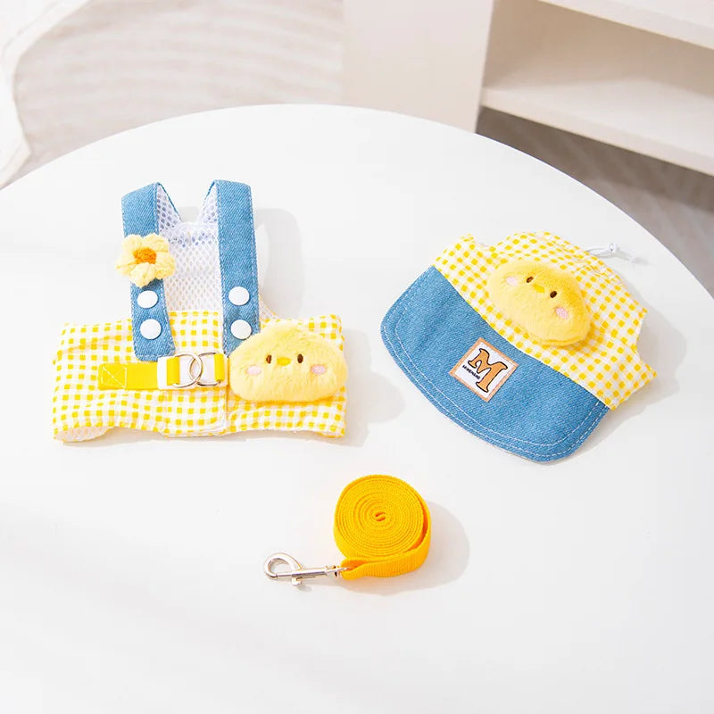 Denim Dog Harness and Leash Set with Matching Hat