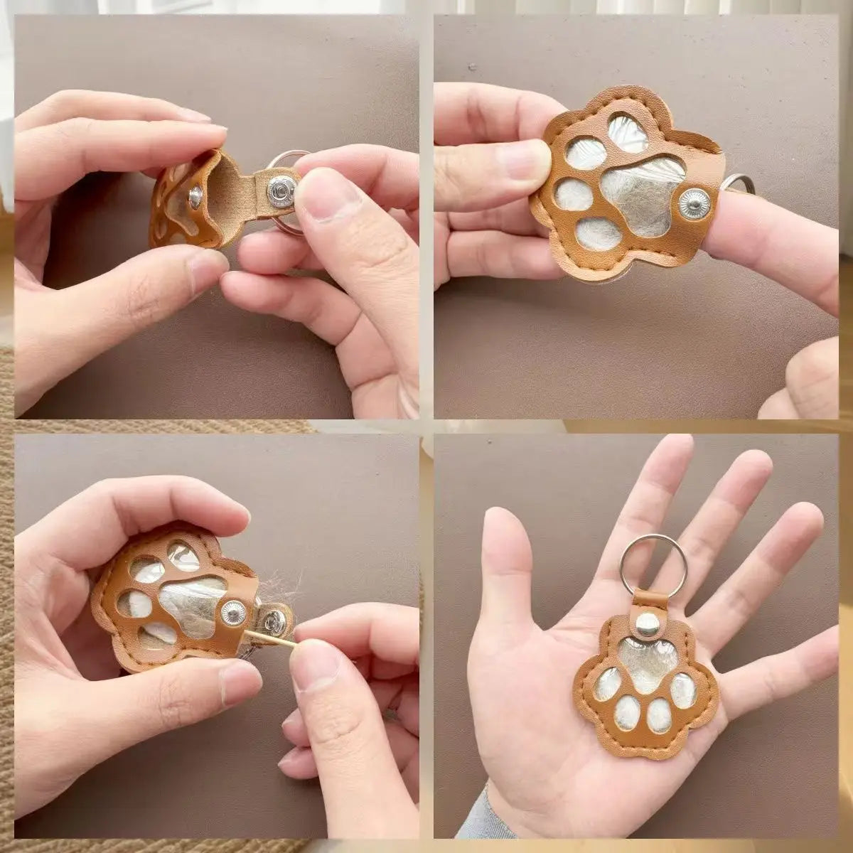 A handcrafted leather airtag keepsake shaped like a paw print, featuring a textured surface and a metal ring.