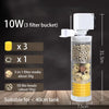 A white submersible aquarium filter with three filter buckets and five bio-beads shown next to a wooden surface.