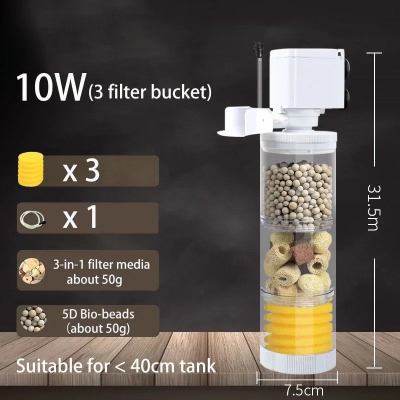 A white submersible aquarium filter with three filter buckets and five bio-beads shown next to a wooden surface.