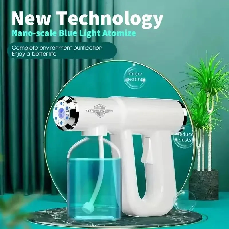 A white portable steam gun is shown next to a glass of water, demonstrating nano-scale blue light atomization for indoor air 