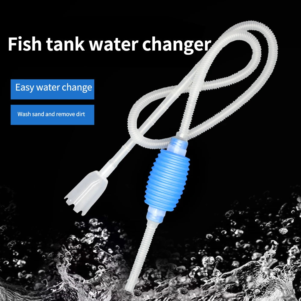 A white aquarium water changer siphon with a flexible hose and a blue nozzle is shown against a background of splashing water