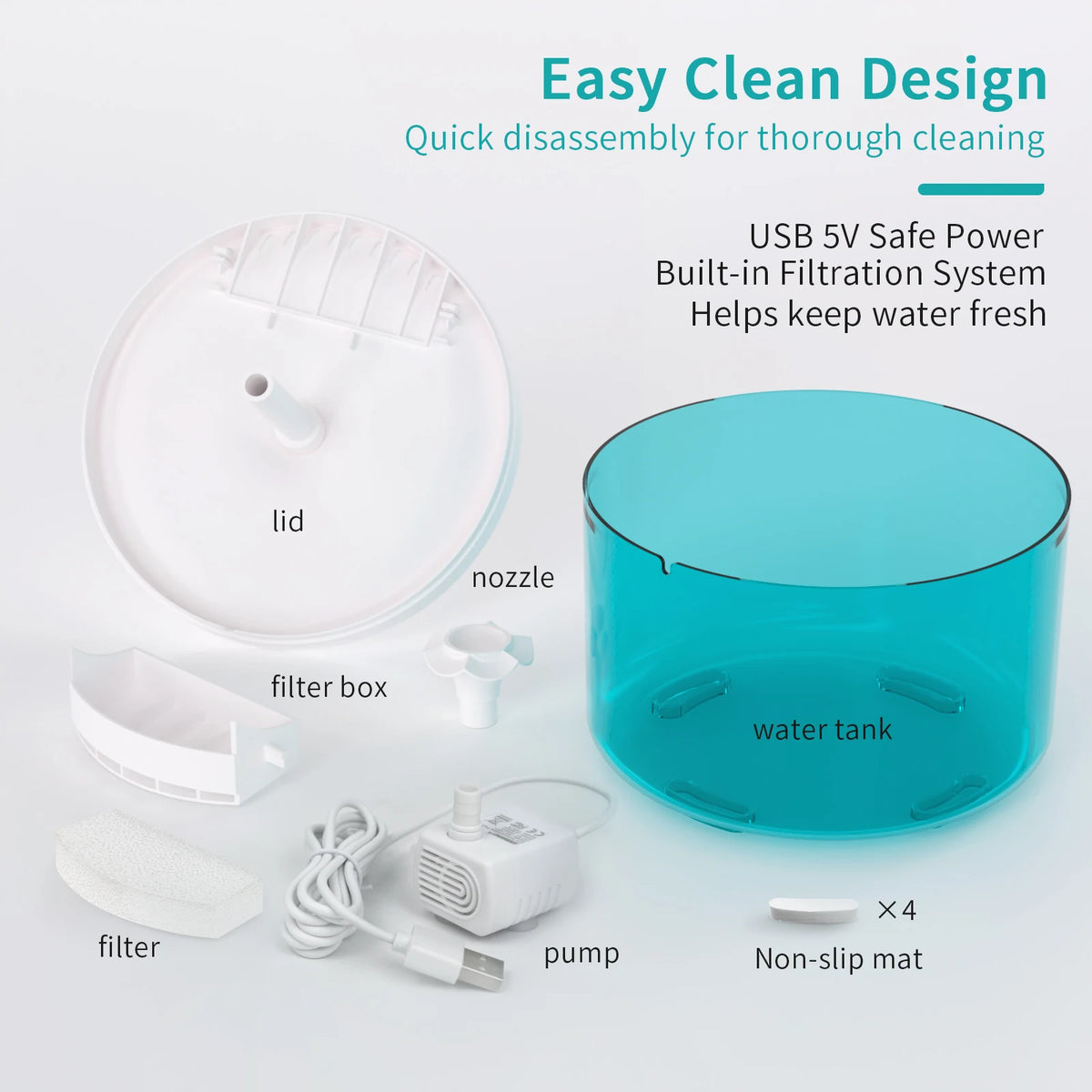 A white and blue rechargeable cat water fountain system showing the lid, nozzle, filter box, pump, and non-slip mat.