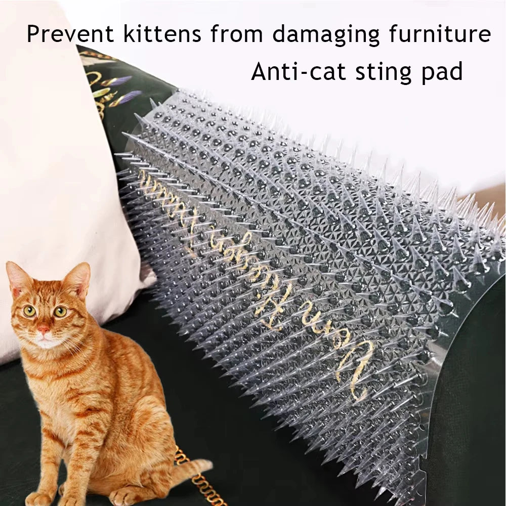 Un pad anti-picadura para gatos junto a un gatito atigrado naranja, diseñado para prevenir daños a los muebles.