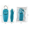 A teal 2-in-1 dog training clicker and whistle with a key ring shown in various views.