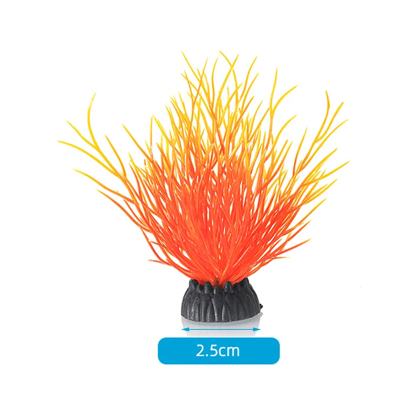 A vibrant orange and red aquatic plant decoration resembling flowing hair or plumes for fish tank decor.