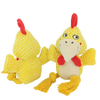 A yellow plush toy resembling a chicken or bird with red features and yellow feet.