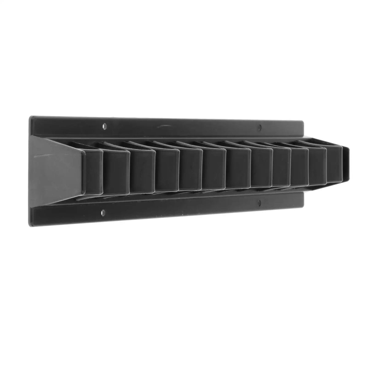 Black wall-mounted whip organizer rack with multiple slots for storing whips or similar items.