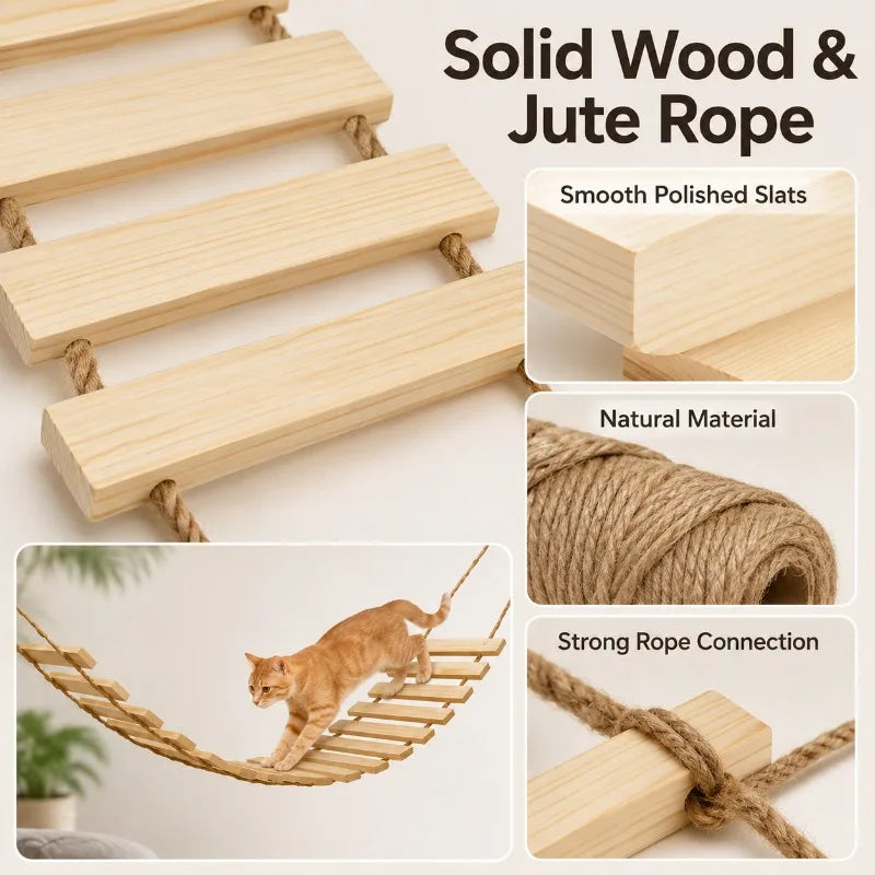 Solid wood slats and jute rope forming a natural material cat climbing ladder and flexible hanging bridge