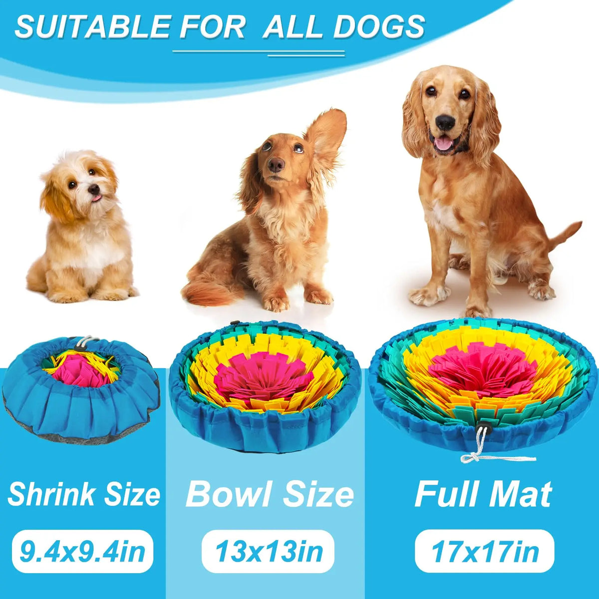 A set of three colorful snuffle mats for dogs shown next to various dog breeds and size measurements.