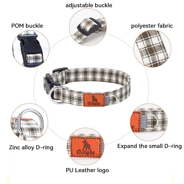 Diagram showing components of a plaid polyester dog collar including a POM buckle, zinc alloy D-ring, and PU leather logo.