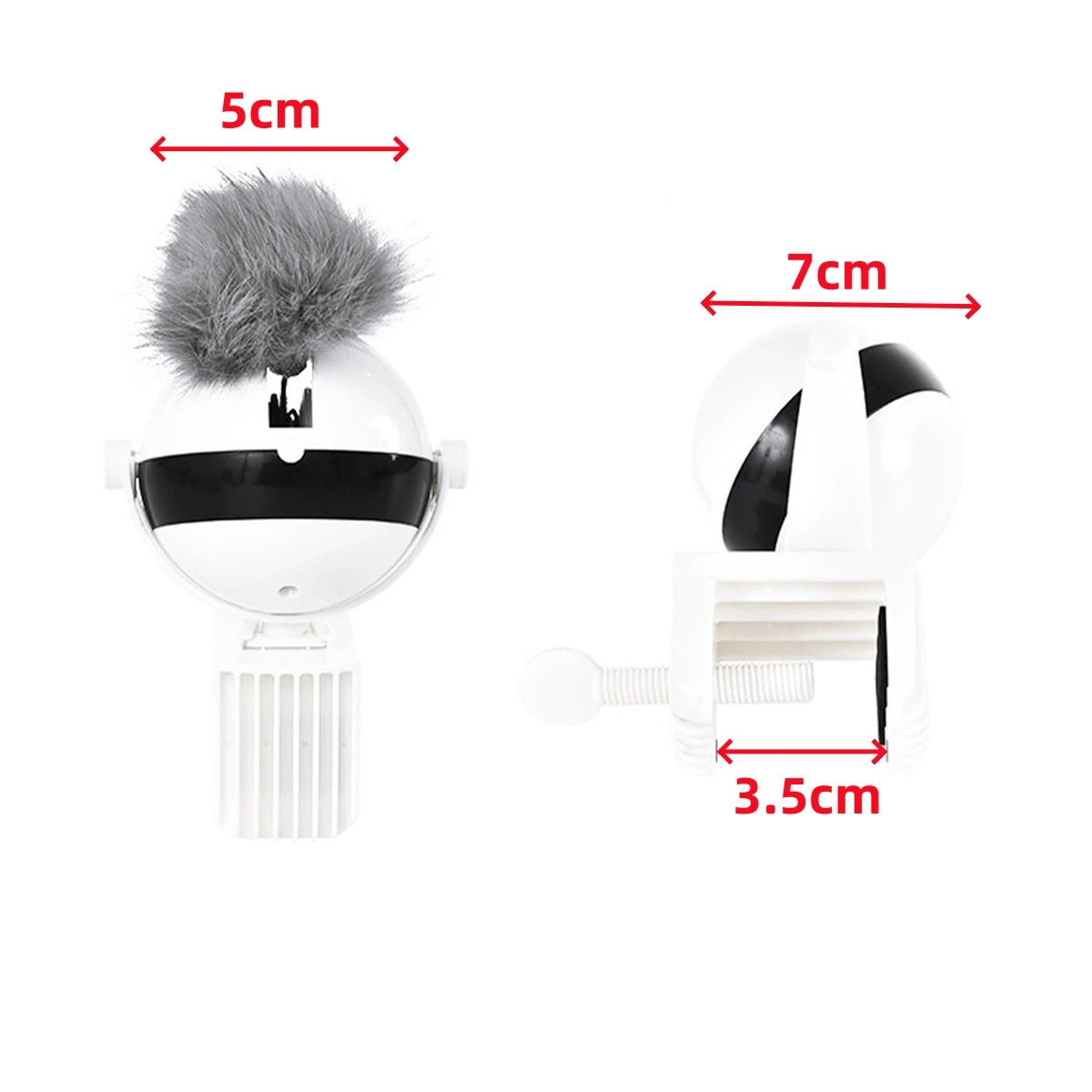 Jouet pour chat blanc avec une tête sphérique, une plume grise et une balle tournante.