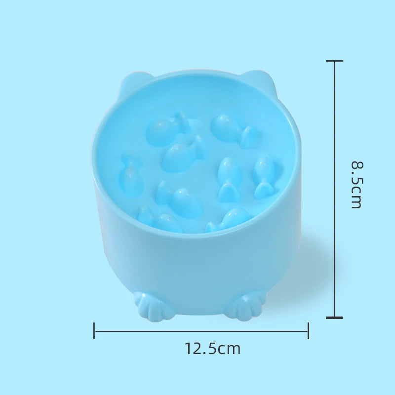 Light blue anti-choking slow feeder bowl for pets shown from above and side view.