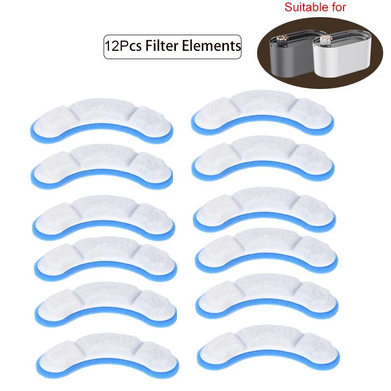 Zwölf Silikonfilterelemente für Haustier-Wasserbrunnen, verschiedene gekrümmte Formen und Farben.