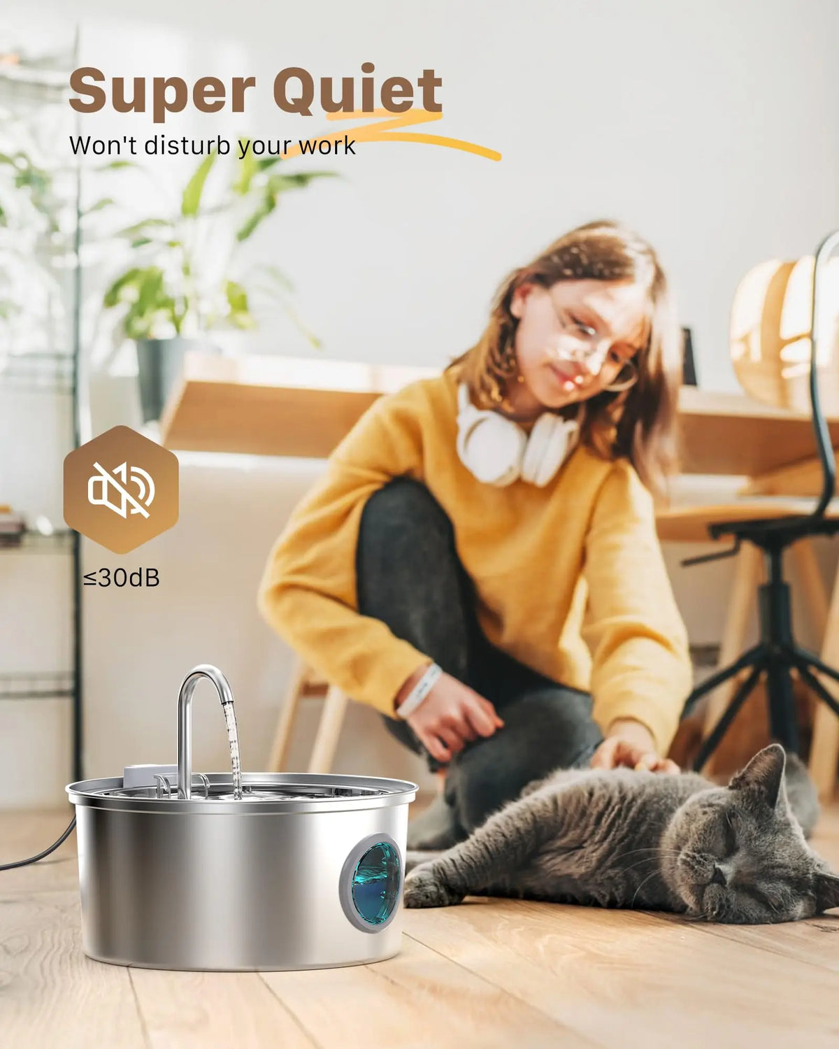 A stainless steel pet water fountain is sitting on a wooden table next to a sleeping cat.