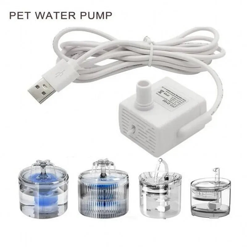 A white pet water pump with a cord and three glass pet fountains.