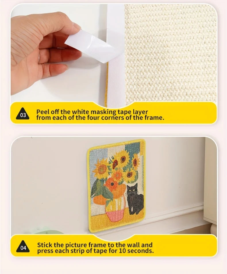 Step-by-step instructions showing how to attach a picture frame to a wall using masking tape.