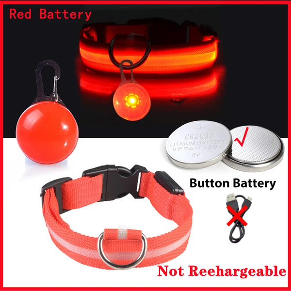 Red battery and button battery components for a non-rechargeable LED dog collar with safety pendant