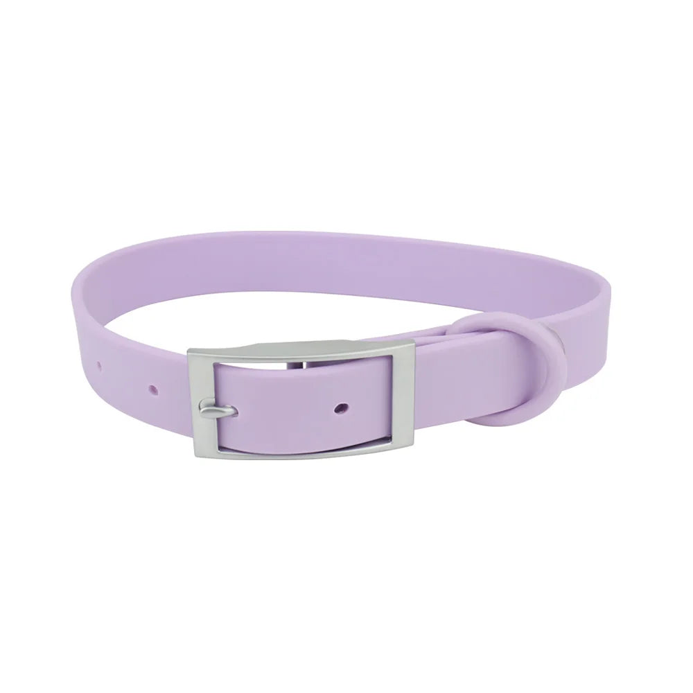 A purple adjustable PVC pet collar with a silver buckle for dogs and cats.