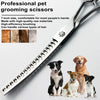 A pair of professional pet grooming scissors shown next to several dogs.