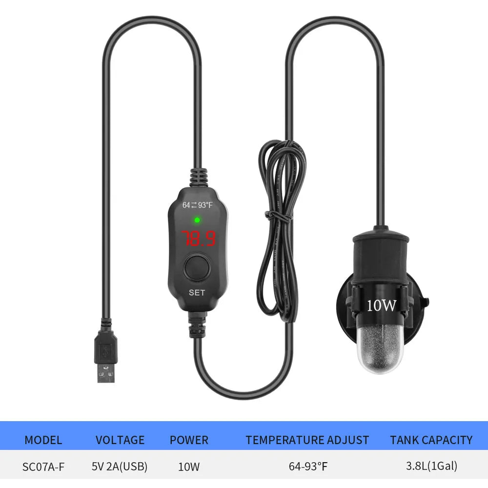 Black USB submersible aquarium heater with a long cord and a 10W power output