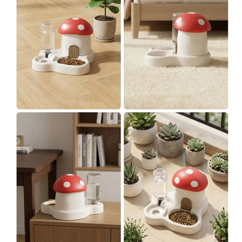 A white mushroom cat feeder and water dispenser set with red polka dots, shown in various contexts.