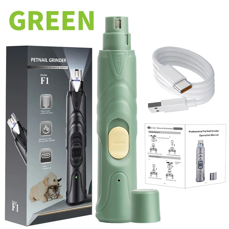 Un ponceur à griffes électrique vert pour animaux, avec son emballage et manuel.
