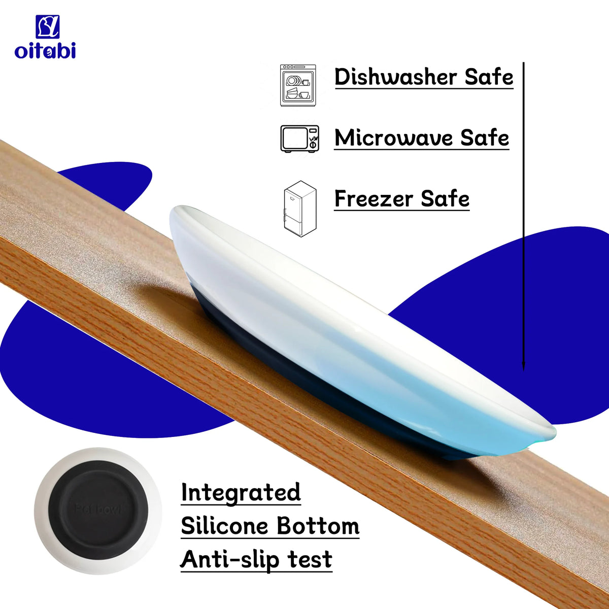A white ceramic cat bowl with a blue rim and an integrated silicone anti-slip bottom is shown on a wooden surface.
