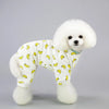 A white fluffy dog wearing a yellow corn decorated cotton pajama suit.