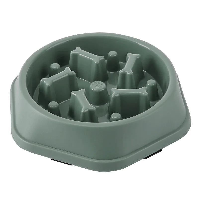 A gray slow feeder dog bowl with a maze design for small and medium dogs.