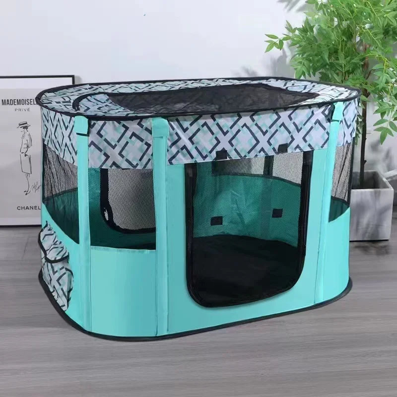 A folding cozy cat tent bed with a mesh enclosure and plush mat in teal and black.