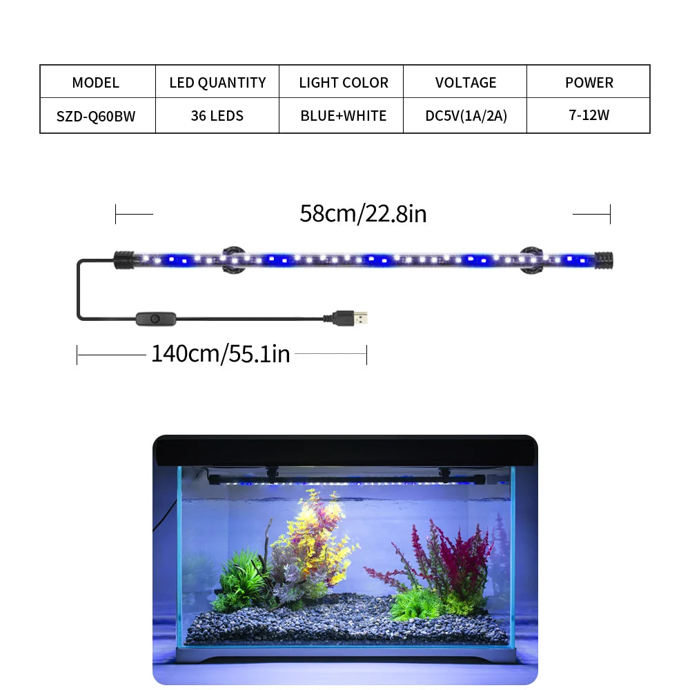 A long LED light bar illuminates a planted aquarium setup with vibrant colors.