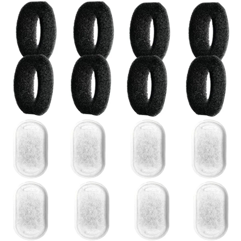 A set of eight black silicone nozzles for a cat water fountain.