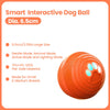 An orange smart interactive dog ball with a paw print design shown from above.