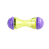 A bright yellow and purple interactive cat food dispensing ball toy.