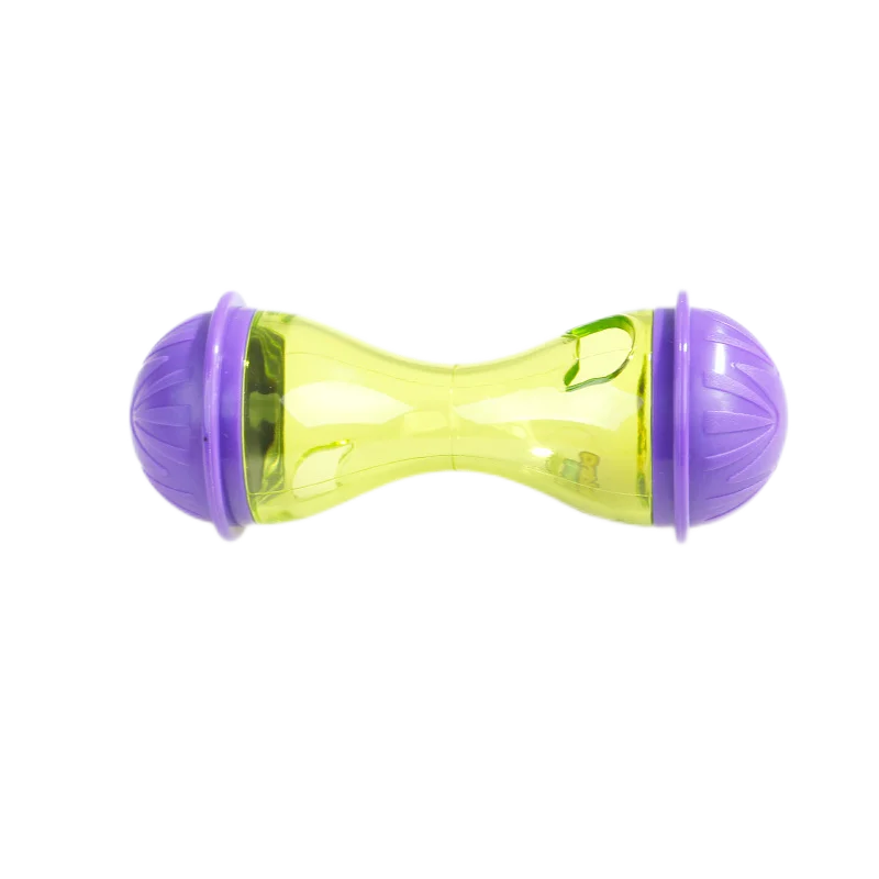 A bright yellow and purple interactive cat food dispensing ball toy.