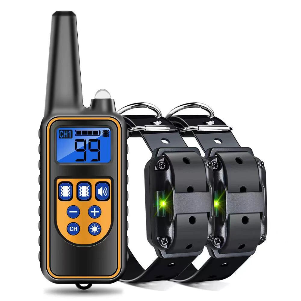 A black rechargeable remote dog training collar with an LCD display shown against a white background.