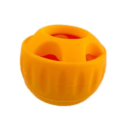 An orange interactive treat dispensing dog toy with a segmented, bowl-like design.