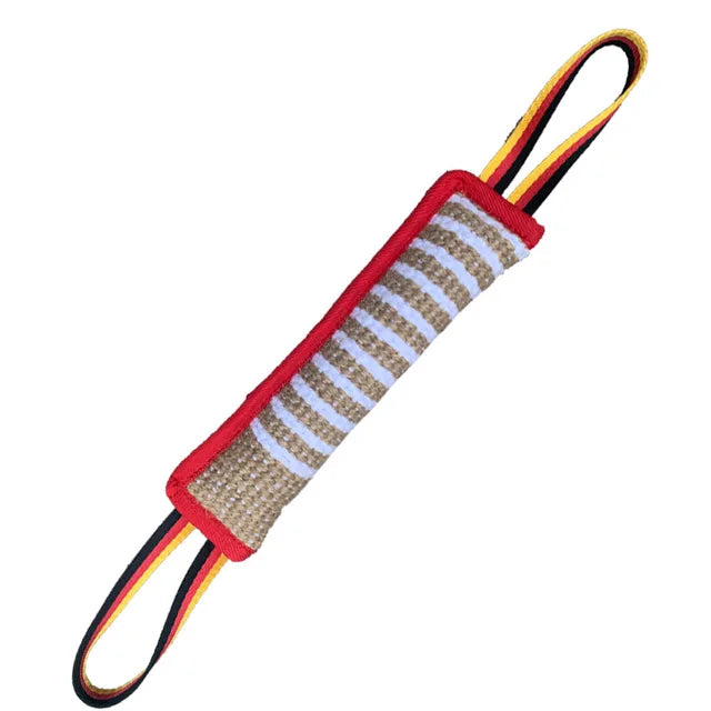 Durable jute tug of war toy for dog training with red and white striped fabric and yellow cord handles