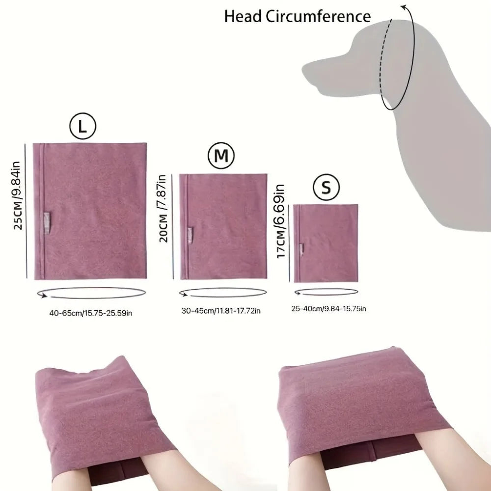 A pair of mauve soundproof dog ear muffs shown next to a dog's head circumference guide.