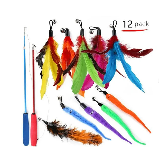 A 12 pack of colorful feathered toys and a telescopic pole for an interactive cat toy variety set.