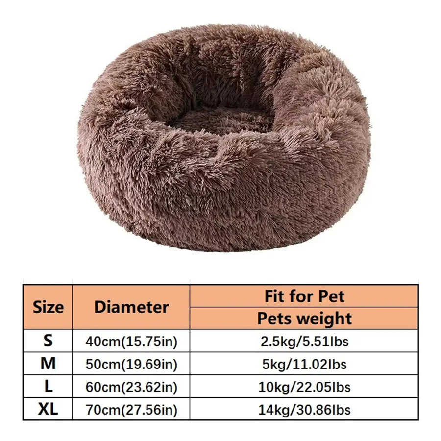 A round, fluffy brown pet bed designed for dogs and cats.
