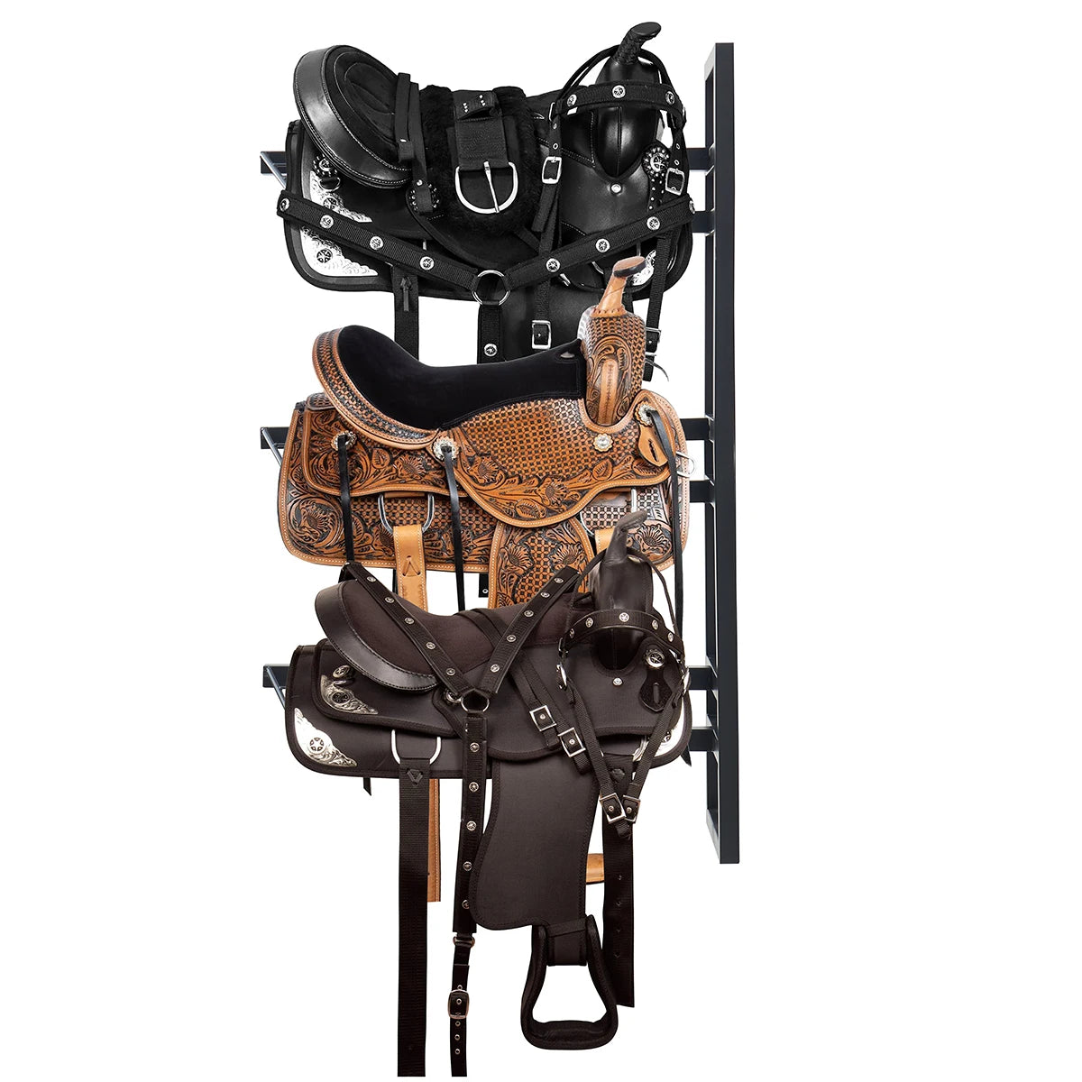 A three-tier wall-mounted saddle rack displaying various leather saddles and tack.