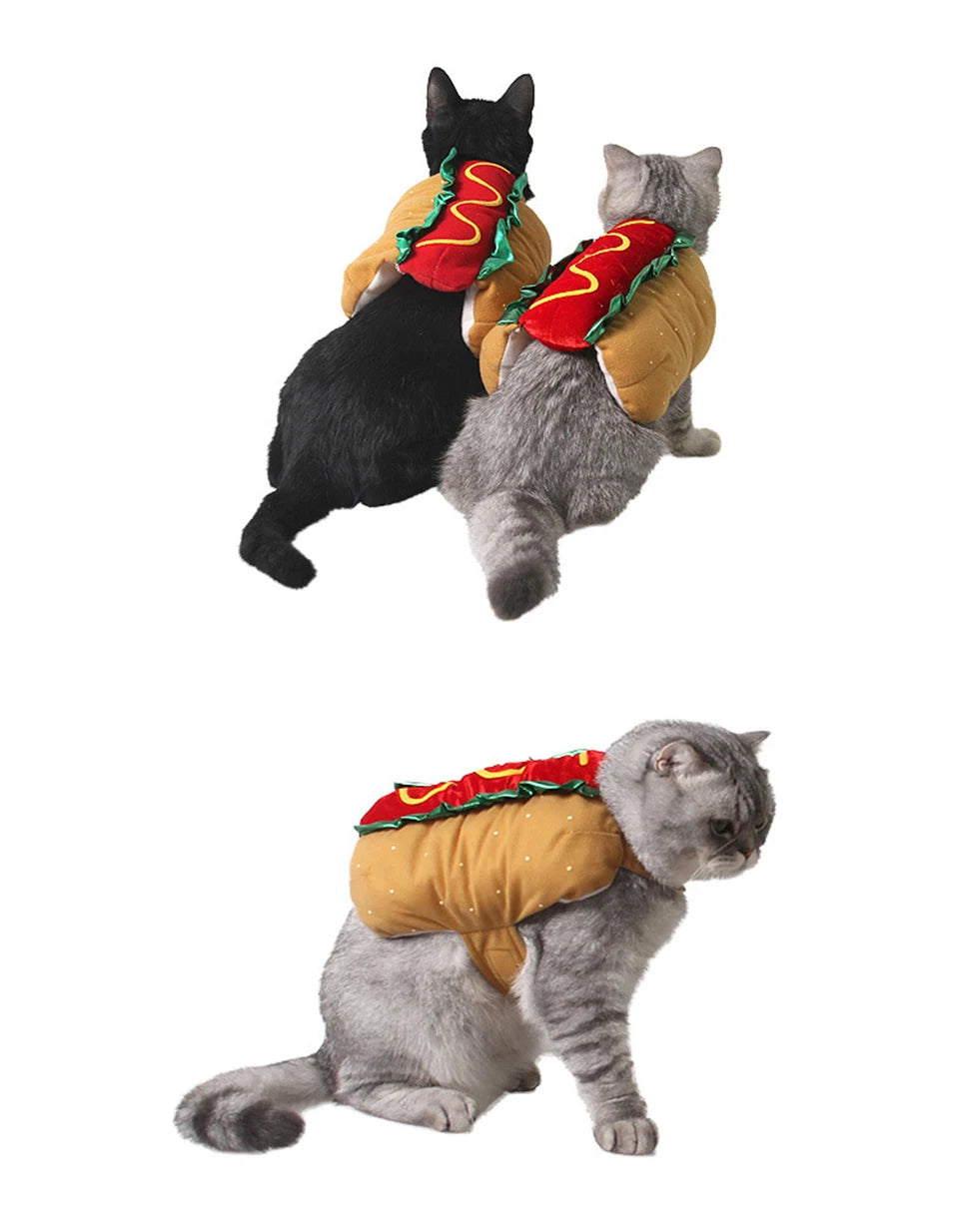 A gray cat wearing a yellow cozy hot dog costume with red and green accents.