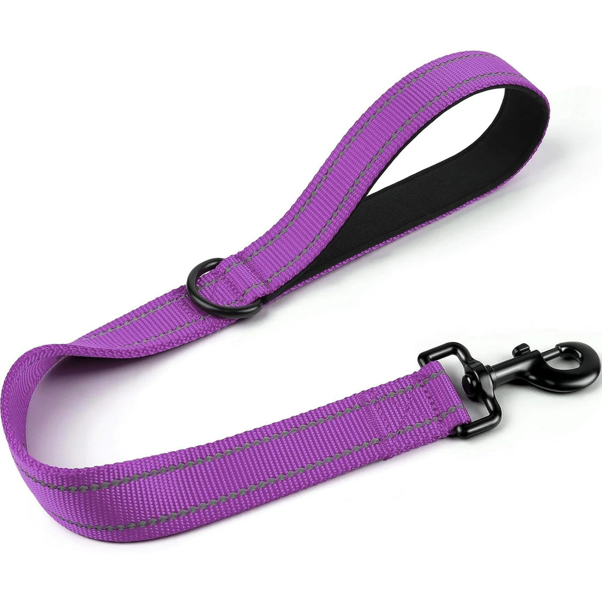 Purple heavy-duty short dog leash with a padded handle and reflective threads
