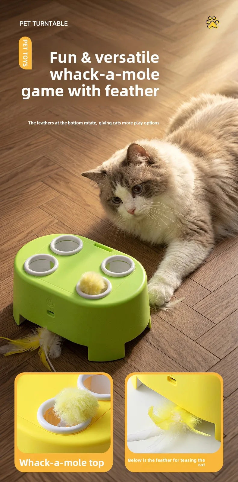 A green whack-a-mole toy with multiple holes is shown next to a cat, demonstrating the game with a feather.