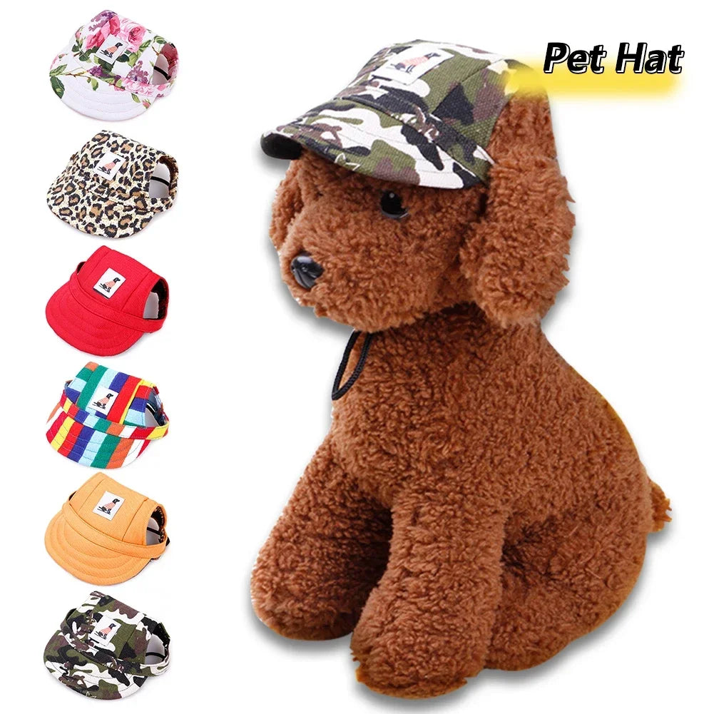 A brown dog plush toy wearing a camouflage pet hat.