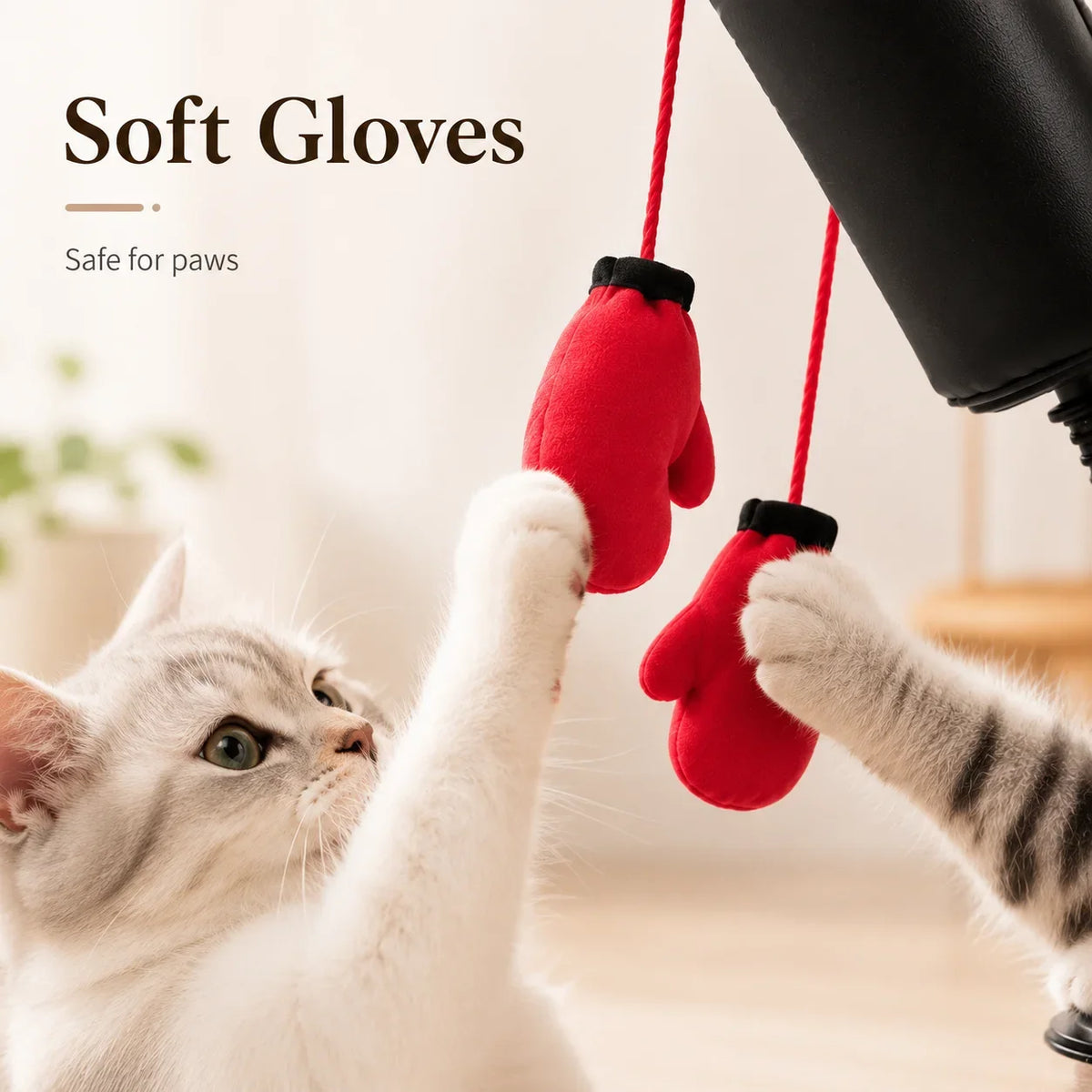 A white cat is batting at a red soft glove hanging from a black boxing bag.